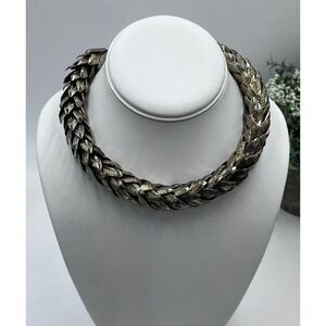 Vintage Rounded Braided 3D Leaf Motif Collar Antique Metal Statement Necklace
